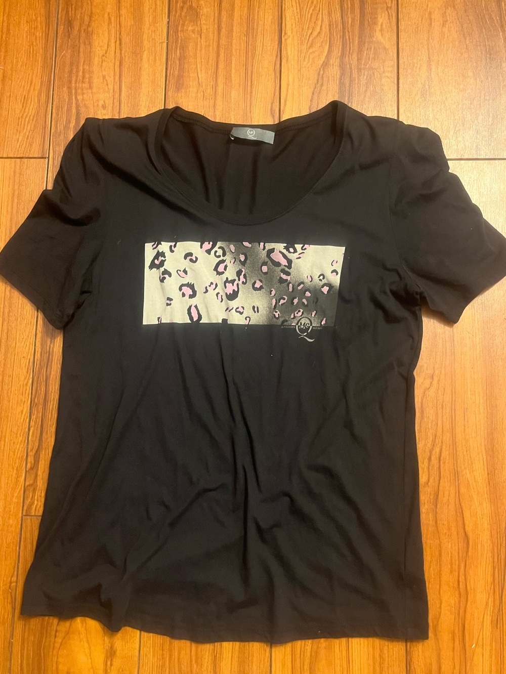 Alexander McQueen Black Women’s Scoop Neck Tee with Pink Leopard Print Panel